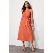 Trendyol Orange Belted 100% Cotton Poplin Pocket Midi Woven Dress