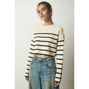 Happiness Istanbul Womens Cream Ribbed Striped Crop Knitwear Sweater