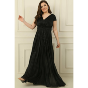 By Saygi V-Neck Waist And Front Draped Lined Pleated Silvery Long Crepe Dress