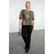 Trendyol Curve Multicolored Womens Bow Leopard Patterned Woven Plus Size Blouse