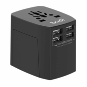 Budi Univerzalni omrežni polnilnik/napajalnik 4x USB, 5A, EU/UK/AUS/US/JP (črn)