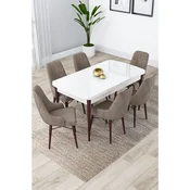 Hanah Home trpezarijski set Lia, sto na razvlacenje i 6 stolica, bela ploca, noge boje oraha, kapucino tkanina Babyface