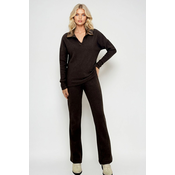 Trend Alaçati Stili Womens Brown Polo Neck Top and Palazzo Pants Knitwear Bottom Top Set