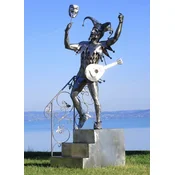 Casa Padrino luxury decorative jester sculpture on stairs silver 110 x 112 x H. 277 cm - Garden decorative jester figure - Large stainless steel sculpture - Garden sculptures - Metal sculptures