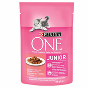 PURINA ONE JUNIOR mini fileji lososa s korenje v soku 85 g
