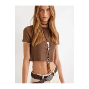 Koton Short Arm Cycling Crop T-Shirt with Crochet Neck Detail