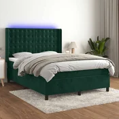 vidaXL Box spring postelja z vzmetnico LED tem. zelena 140x200cm žamet