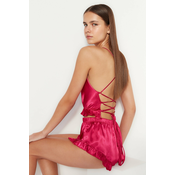 Trendyol Fuchsia Ruffle and Back Rope Strap Satin Woven Pajama Set