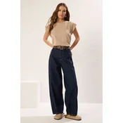 Trendyol Dark Blue Brown Belted Stitch Detail High Waist Barrel Balloon Jeans