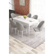 Hanah Home trpezarijski set Elf, sto na razvlacenje i 6 stolica, bela ploca, siva tkanina Babyface