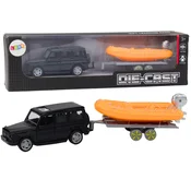 slomart LEAN TOYS Terensko vozilo (črno) s prikolico in čolnom (oranžni)