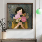 WallXpert uramljena MDF slika DOS017-33, devojka skriva lice iza buketa ružicastog cveca, 34 x 34 cm