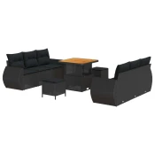 vidaXL 9-delna garden sofa s blazinami črna poli ratan akacija