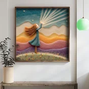 WallXpert uramljena MDF slika DOS038-50, devojka u zelenoj haljini hvata zrake svetlosti, filcani reljef, 50 x 50 cm