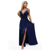 512-7 JULIET elegant long shiny dress with a neckline and leg slit - dark blue with glitter