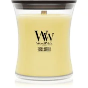 Woodwick Yuzu & Vetiver dišeča sveča z lesenim stenjem 275 g