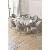 Hanah Home trpezarijski set Pem, sto i 6 stolica, ploca u dekoru belog mermera, hromirane noge, siva tkanina Babyface