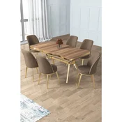 Hanah Home trpezarijski set Prah, sto i 6 stolica, ploca u dekoru Hazar, zlatne noge, kapucino tkanina Babyface
