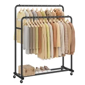 Songmics Obešalnik za oblačila 465x110x1555 cm črn črnilo dvojne palice 2 zaklepna kolesa
