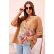 Kesi Włoski Womens cotton blouse with a floral pattern and buttons - camel