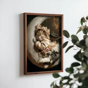 WallXpert uramljena MDF slika NAL018-70, mace spava na mesecu u prugastoj pidžami, 50 x 70 cm