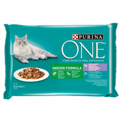 PURINA ONE INDOOR s tuno in stročjim fižolom v soku in s teletino in korenjem v soku 4x85 g