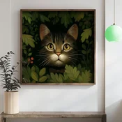WallXpert uramljena MDF slika DOS057-50, tigrasta macka medu zelenim lišcem, 50 x 50 cm