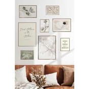 WallXpert set od 8 uramljenih slika Çgs-064, botanicki motivi u bež i zelenim tonovima – grancice, pamuk, cvetovi i citati, ram u boji prirodnog drveta