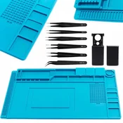 shumee Silikonska modra antistatična podloga 450x300mm TE-501 + 6 pincet + žepna lupa