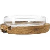 LEONARDO TERRA Bowl 39 cm with Teak Base Glass Teak Wood Handmade Unique Clear 084415