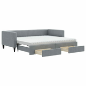 Vidaxl Izvlečna dnevna postelja s predali svetlo siva 90x200 cm blago