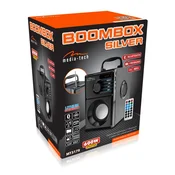 shumee Boombox srebrn - Kompakten Bluetooth stereo zvočnik z vgrajenim nizkotoncem, izhodna moč 600 W. FM, MP3. Vgrajena polnilna baterija. Daljinski upravljalnik.