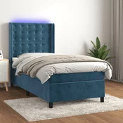 Greatstore Box spring postelja z vzmetnico LED temno modra 100x200cm žamet