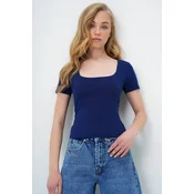 Trend Alacati Stili Ženska bluza kratkih rukava Alc-X13903, Brod izrez, Teget