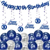 Nikcorp Komplet dekoracij za 30. rojstni dan baloni in transparent Happy 30th Birthday spiralne obešanke modra srebrna notranja in zunanja dekoracija