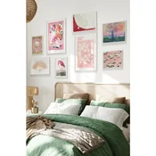WallXpert set od 8 manjih uramljenih slika Çgs-021, roze i crveni motivi – cvetovi, flamingo, lepeza i pejzaž u zalasku sunca, beli ram