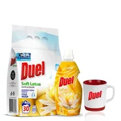 DUEL set praškasti deterdžent Soft Lotus 2,7kg, DUEL omekšivac Soft lotus 1,6l i DUEL šolja za kafu