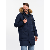 Ombre Mens long warm parka hooded jacket - navy blue