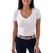 Ženska majica s kratkimi rokavi rebrasta bela L, slim fit bluza z V-izrezom, elastična in zračna casual majica za vsak dan, mehka pletenina, osnovni kos garderobe za poletje, eleganten oprijet kroj