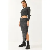 Bianco Lucci Womens Glittery Slit Detailed Knitwear Top-Bottom Set 9911