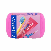 Curaprox Travel Set Pink Set zložljiva zobna ščetka CS 5460 Ultra Soft 1 kos + zobna pasta Be You Challenger Gin Tonic & Persimmon 10 ml + medzobna ščetka 2 kos + držalo za medzobno ščetko 1 kos