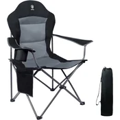 Nikcorp Kamping stol EVER ADVANCED Sklopiv do 160 kg z debelim oblazinjenim sedežem, poliester 600D, jeklen okvir, naslonjalo za roke, držalo za pijačo in stranski žep, dim 60 x 88 x 109,2 cm, siv