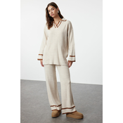 Trendyol Stone Brown Piping Knitwear Sweater Trousers Bottom-Top Set