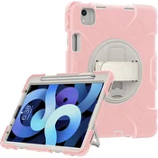 Nikcorp Vzdržljiv zaščitni ovitek za iPad Mini 6 8.3 z vrtljivim stojalom, ročajem in prostorom za pisalo, roza barve