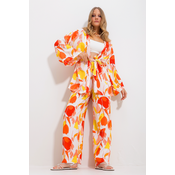 Trend Alaçati Stili Womens Orange Kimono Jacket And Palazzo Pants Suit