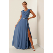 By Saygi Belted Chiffon Long Dress with Flouncing Collar. Wide Size Range Indigo.