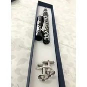 Manšetni gumbi in črno nalivno pero s srebrnim ornamentom