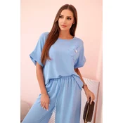Kesi Włoski Womens viscose set with decorative flower and wide trousers - blue