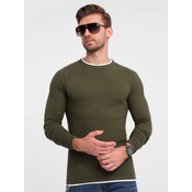OMBRE Moški bombažni pulover z okroglim vratom V7 OM-SWSW-0103 temno olivna MDN124230 XXL