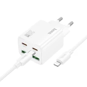 Hoco Mrežni polnilnik za telefon Hoco 2 x USB C + 2 x USB A QC3.0 PD 3A 20W + kabel USB C za Lightning N55 bel
